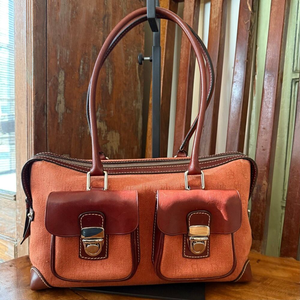 Vintage Dooney & Bourke Signature Double Pocket Satchel Toasty Orange Brown Bag